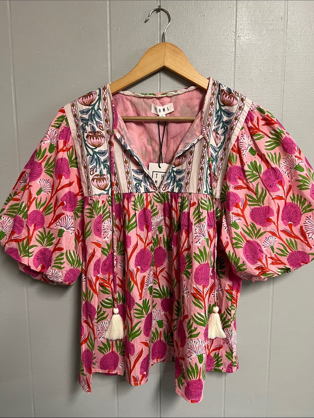 NWT THML Pink Floral Puff-Sleeve Tassel Peasant Blouse Large